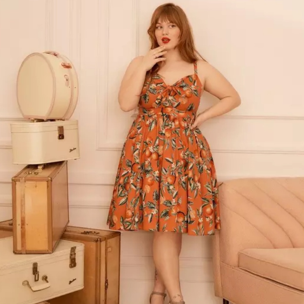 NWT TORRID Retro Chic Tie-Front Skater Dress - Orange Groves Apricot Orange - Picture 2 of 9